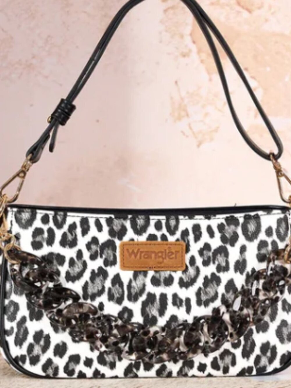 Wrangler Western Leopard Print Shoulder Bag with Chain Detail - Black NWT